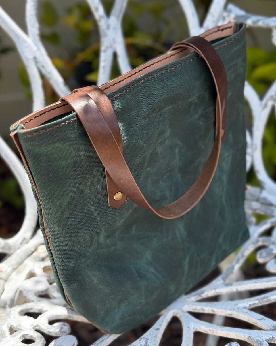 Small Waxed Canvas Tote – British Green & Horween Leather